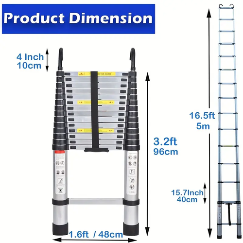 16.5ft Telescoping Ladder with 2 Detachable Hooks, Aluminum Multi-Purpose Extend Folding Step Ladders Extension Ladder Extendable Loft Ladder Safe And Compact, Extension And Retraction Design, 15 Step, 330lbs Capacity