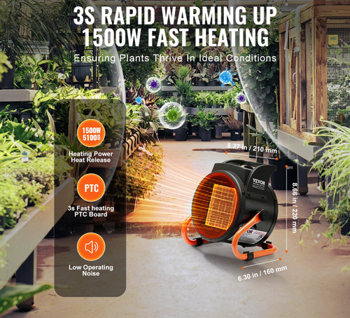 Greenhouse Heater, 1500W PTC Fast Heating with Overheat Protection, 3-Speed Setting Small Grow Tent Heater, Electric Portable Heater Fan for Green House, Flower Room, Workplace