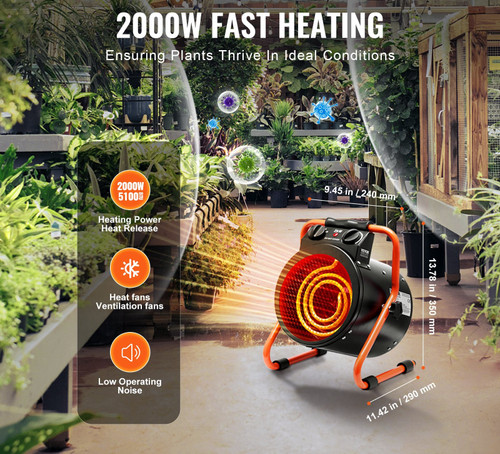 Greenhouse Heater, 1500W Fast Heating with Overheat Protection, 2-Speed Setting Small Grow Tent Heater, Electric Portable Heater Fan for Green House, Flower Room, Workplace, IP24 Waterproof