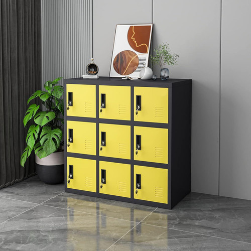 9-door storage locker, metal employee locker, office storage locker, gym locker cabinet, school locker with lock, black steel locker, lockable storage cabinet, garage organization locker, home office locker, steel storage cabinet Yellow Color