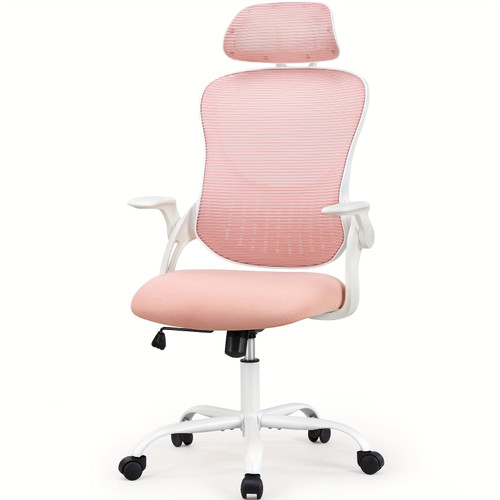 Ergonomic High Back Mesh Chair with Adjustable Headrest, Flip-up Armrests And Lumbar Support-Stainless Steel Frame, Comfortable Padded Seat On 5 Wheels for Easy Mobility-Ideal for Lab Workers Pink Color