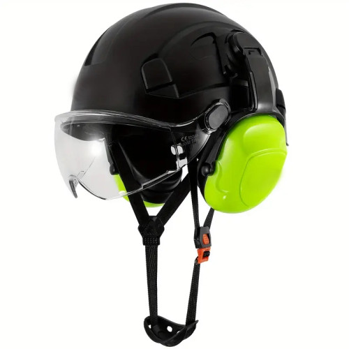 Construction Work Safety Helmet With Goggles And Noise-reducing Industrial Protective Soundproof Earmuffs Hard Hat, (hard Hat+earmuffs+goggles) Set Or (hard Hat+earmuffs) Set Black color with T suit