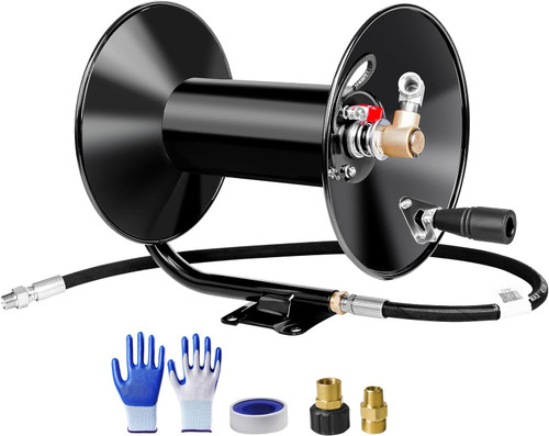 Pressure Washer Hose Reel 100ftx3/8a/130ftx1/4a, 4000PSI Heavy Duty Power Washer Hose Reel with M22-14 Fitting, Hand Crank Metal Reel with Wall/Trailer/Van Mount, Manual Hose Reel for Water