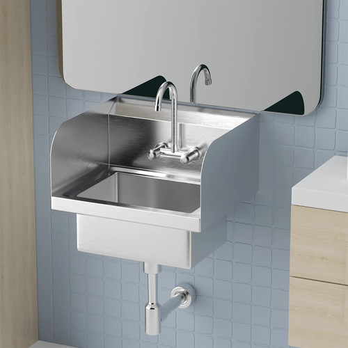 Stainless Steel Commercial Sink Hand Washing Basin with Hot & Cold Faucet, Wall Mount Utility Sink with Drainer Heavy Duty Hand Wash Sink for Commercial Restaurant Home Kitchen Workshop With Side Guard