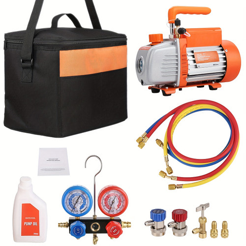 1/5 HP 3.5 CFM AC Vacuum Pump & Gauge Set, Single-Stage Rotary Vane HVAC Kit, R134a/R410a, Three-Color Hose, Manifold Gauge, Without Battery