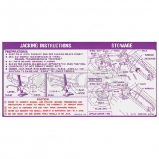 Nova Jack Instruction Decal, Regular And Space Saver Wheel, 1973