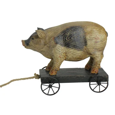 10″ Black and White Wood Textured Pig on Cart Outdoor Garden Statue
