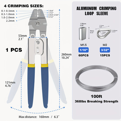 304 Stainless Steel Wire Rope Crimping Kit, 100ft 1/16" Cable with 7x7 Strand Core, Includes 200 Aluminum Crimping Loops and 50 M2 Stainless Steel Thimbles, Corrosion Resistant, High Strength, No Battery Required