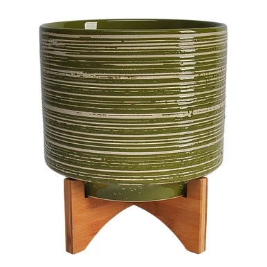 11″ Olive Green and Brown Distressed Lines Ceramic Planter on Stand