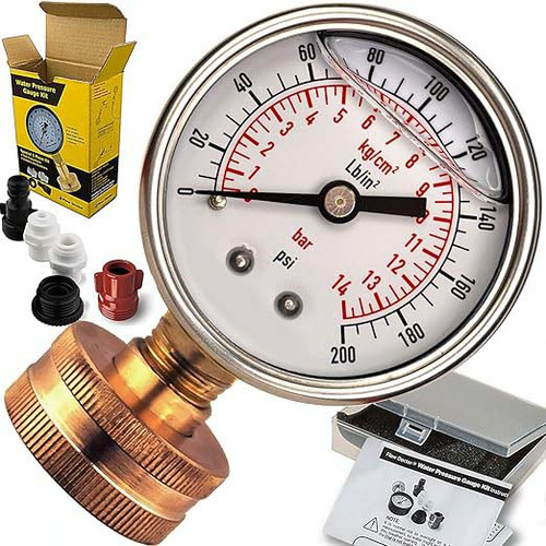 Water Pressure Glycerin Filled Gauge Kit, All Purpose, 6 Parts Kit, 0 To 200 Psi, Standard 3/4" Female Garden Hose Thread Plus 5 Adapters To Test in Multiple Locations Indoors and Outdoors