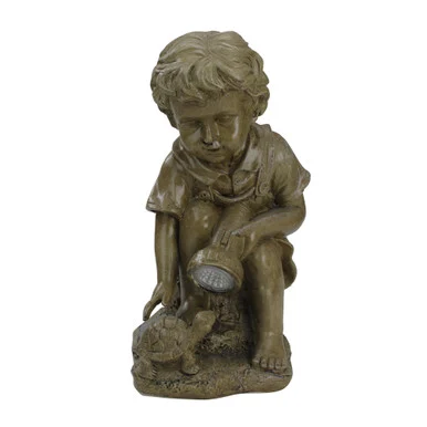 12.25″ Solar Powered LED Lighted Boy Examining Turtle with Flashlight Outdoor Garden Statue