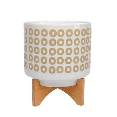 12″ White and Beige Circles Ceramic Planter with Stand