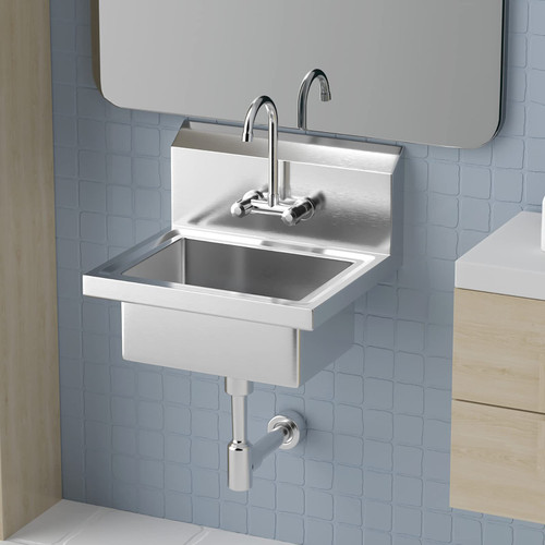 Stainless Steel Commercial Sink Hand Washing Basin with Hot & Cold Faucet, Wall Mount Utility Sink with Drainer Heavy Duty Hand Wash Sink for Commercial Restaurant Home Kitchen Workshop No Side Guard