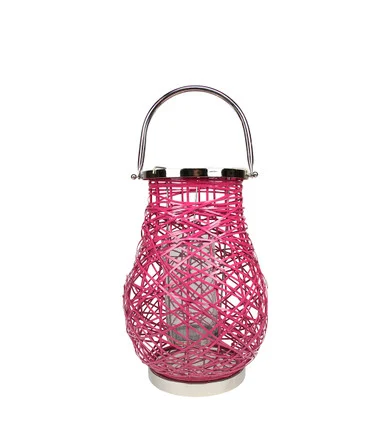 13.5″ Modern Fuchsia Pink Decorative Woven Iron Pillar Candle Lantern with Glass Hurricane