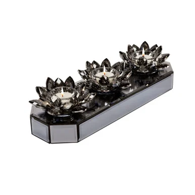 13″ Black Glass Lotus Mirrored Tea Light Candle Holder