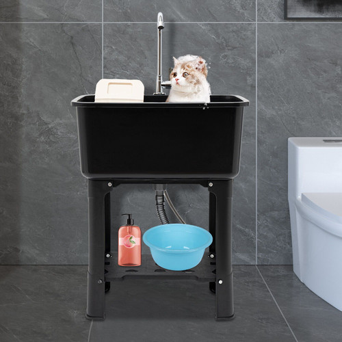 Modern Black Freestanding Utility Sink with 360° Swivel Faucet, Storage Shelf & Washboard - Perfect for Bathroom & Laundry Room, Contemporary Style