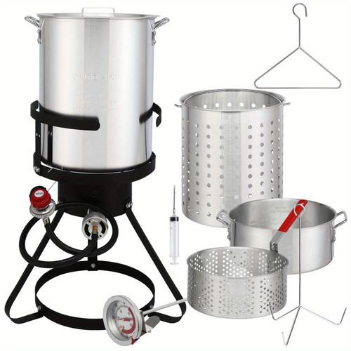 3-piece Set Gas Turkey Fryer Kit - Black Round Steel Burner Stand with Silver Aluminum Pot