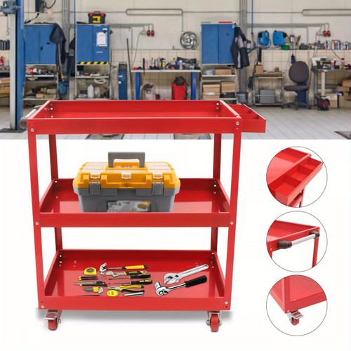 Red 3-Tier Rolling Tool Cart with Wheels - Durable Steel Service Cart for Mechanics, Home & Garden Use