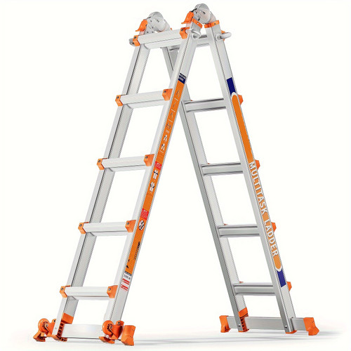 Heavy-Duty Aluminum Ladder 17ft-5Step Aluminum Extension Ladder - Multi-Position with Stabilizer Bar & Wheels, 330 lbs Capacity, for Indoor & Outdoor Use, Roof & Stairs, Orange & White Design