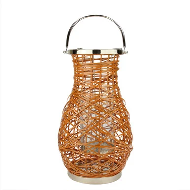 18.5″ Modern Orange Decorative Woven Iron Pillar Candle Lantern with Glass Hurricane