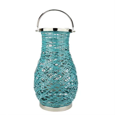18.5″ Modern Turquoise Blue Decorative Woven Iron Pillar Candle Lantern with Glass Hurricane
