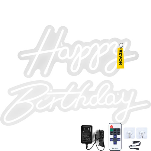 Happy Birthday Neon Sign, 16.5" x 8" + 23" x 8" LED Neon Lights Signs, Adjustable Brightness w/ Remote Control and Power Adapter, Reusable for Party, Club, Celebration and Decoration White