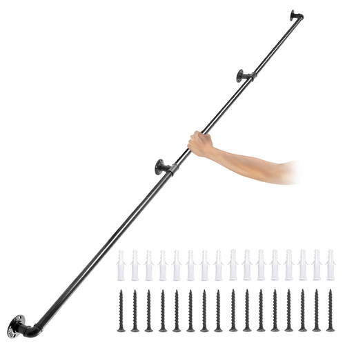 Pipe Stair Handrail, 11FT Staircase Handrail, 440LBS Load Capacity Carbon Steel Pipe Handrail, Industrial Pipe Handrail with Wall Mount Support, Round Corner Wall Handrailing for Indoor, Outdoor