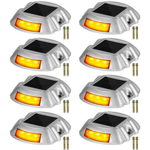 Driveway Lights, 8-Pack Solar Driveway Lights with Switch Button, Solar Deck Lights Waterproof, Wireless Dock Lights 6 LEDs for Path Warning Garden Walkway Sidewalk Steps, LED Bright Orange