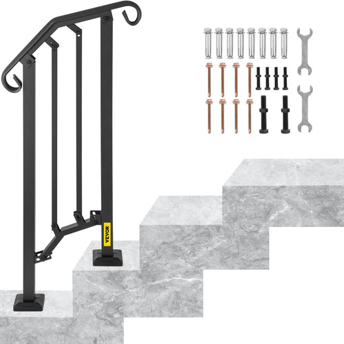 Outdoor Stair Railing, Fit 1 or 2 Steps Aluminum Handrailing, Front Porch Flexible Transitional Handrail, Picket Step Rail with Installation Kit, for Concrete or Wooden Stairs, Black