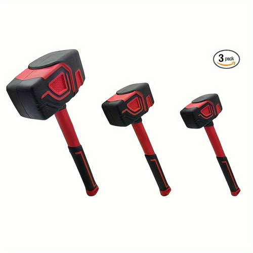 3pcs Rubber Mallet Set - 10oz, 20oz, 36oz Heavy Duty Hammers with Ergonomic Non-Slip Handles, Soft Grip for Flooring & Delicate Tasks, Black & Red, Rubber Mallet Hammer