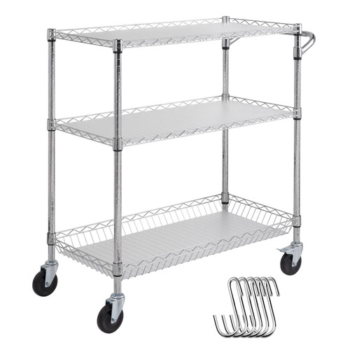 3-Tier Utility Cart Rolling Cart on Wheels 35"x18"x35.5" 661 LBS 6 Hooks