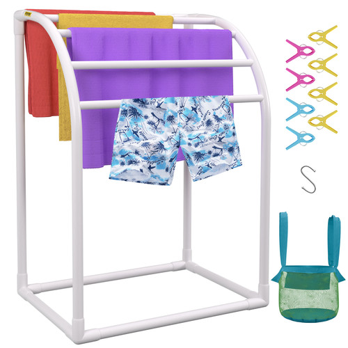 Pool Towel Rack, 5 Bar, Milky, Freestanding Outdoor PVC Curved Poolside Storage Organizer, Include 8 Towel Clips, Mesh Bag, Hook, Also Stores Floats and Paddles, for Beach, Swimming Pool, Home ( DISCONTINUED)