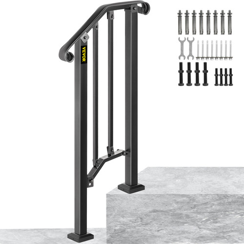 Handrails for Outdoor Steps, Fit 1 or 2 Steps Outdoor Stair Railing, Picket#1 Wrought Iron Handrail, Flexible Porch Railing, Black Transitional Handrails for Concrete Steps or Wooden Stairs