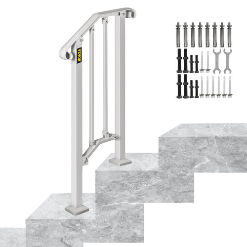 Wrought Iron Handrail Fits 1 or 2 Steps Handrail Picket #1 Outdoor Stair Rail with Installation Kit for Outdoor Steps Hand Rails Matte White