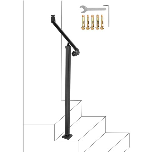 Handrails for Outdoor Steps 1-2 Step Railings Wrought Iron Handrail Stair Railings for Steps Black Iron Railings for Steps Wall and Floor Mounted with Installation Kit