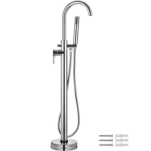 VEVOR Freestanding Tub Filler, Bathtub Shower Mixer Taps Brass Chrome Plated, Floor Mount Single Handle Bathroom Tub Faucets with Hand Sprayer