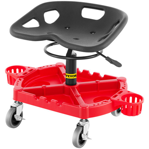 Rolling Garage Stool, 300LBS Capacity, Adjustable Height from 18 in to 23 in, 360-degree Swivel Wheels (4"), Large Tool Tray with Two Bottle Holder, for Workshop, Auto Repair Shop, Red