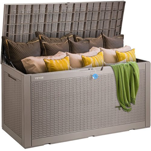 Deck Box, 100 Gallon Outdoor Storage Box, 48.0" x 21.5" x 24.5", Waterproof PP Deckbox with Aluminum Alloy Padlock, for Patio Furniture, Pool Toys, Garden Tools, Outdoor Cushions, Gray