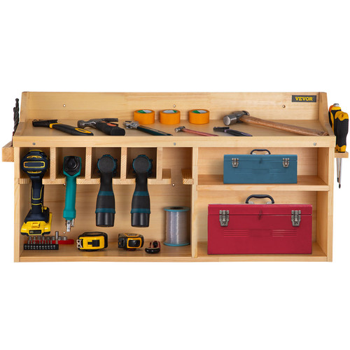 Power Tool Organizer, Wall Mount/Benchtop Drill Holder, 5 Hanging Slots Drill Charging Station, 4-Shelf Cordless Drill Storage, Polished Wooden Toolbox for Saw, Wrench, Screwdriver Drill