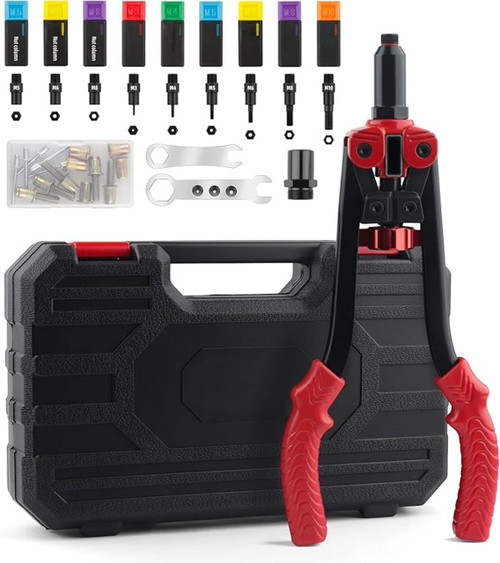 Rivet Nut Tool, 13" Rivet Nut Gun with a Step Drill Bit & 15 Rivet Nuts Assortment Kit, Nut Tool with 9 Metric Mandrels Incl.