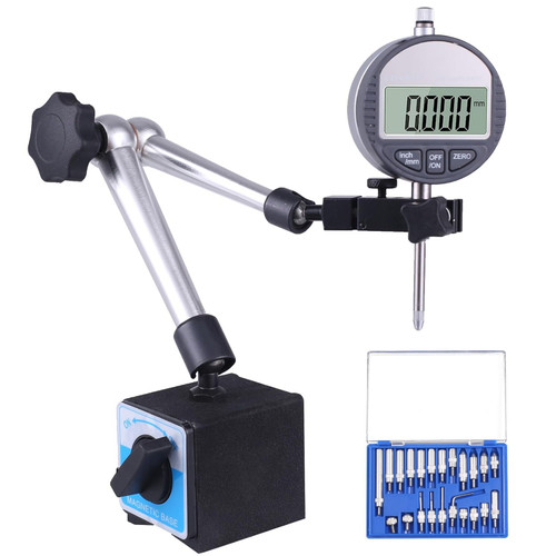 Electronic Digital Dial Indicator with Magnetic Base Holder Fine Adjustable Long Arm 0-1" / 25.4mm Inch/Metric Conversion Professional Gauge 0.01mm/0.001