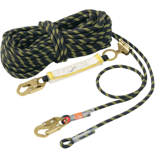 Vertical Lifeline, 150ft (45.7m) Outdoor Climbing Rope 30KN Breaking Tension, Static Rock Climbing Rope with Steel Snap Hooks and Rope Grap, for Escape, Outdoor Adventures, and Lumbering, Black & Yellow