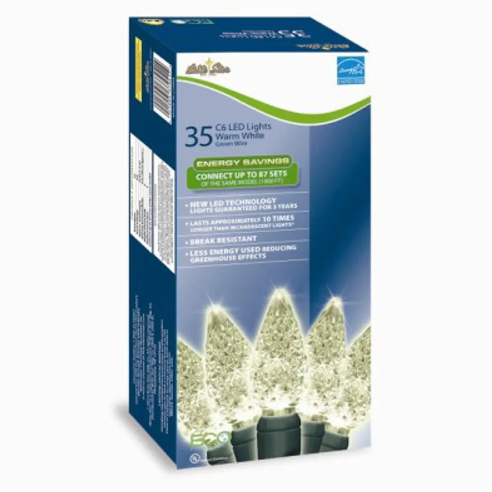 Set of 35 Super Bright Warm White LED C6 Faceted Christmas Lights – Green Wire