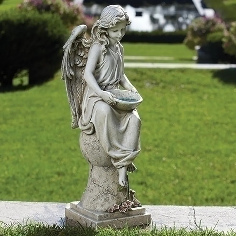 21″ Solar Angel Seating on Pedestal Bird Bath Garden Statue