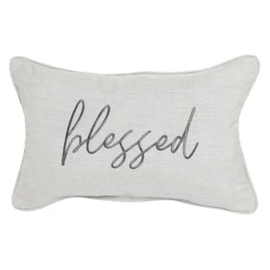 20″ Sunbrella Silver and Gray Rectangular Indoor/Outdoor “Blessed” Single Embroidered Lumbar Throw Pillow