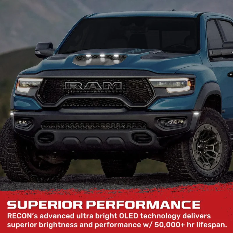 RECON Dodge 21-25 RAM 1500 TRX 7-PC Fender & Hood Light Kit Smoked Lens White or Amber LED Running Lights w/ Startup Light Sequence – Multiple Options