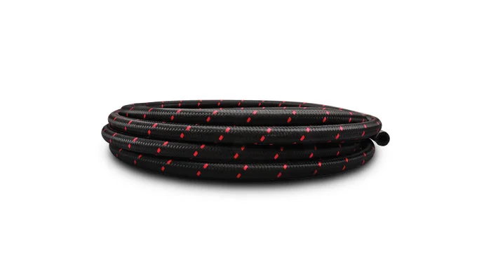Braided Flex Hose, Nylon, Black/Red, Size: -4AN, Hose ID: 0.22in, 10ft Roll