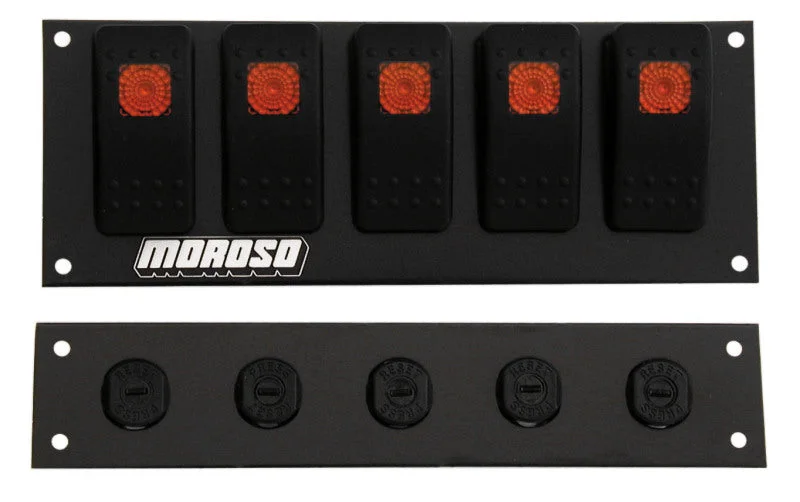 Moroso Rocker Switch Panel – Flat Surface Mount – LED – 2.488in x 6.695in – Five On/Off Switches