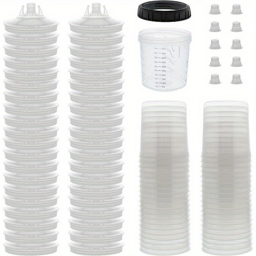 Disposable Spray Gun Cup Liner and Lid System, 40pcs Set Standard Size - 40 Cup Liners, 40 Filtered Lids, 1 Hard Cup with Retention Ring, 10 Plugs 20 Ounce Cup Kit