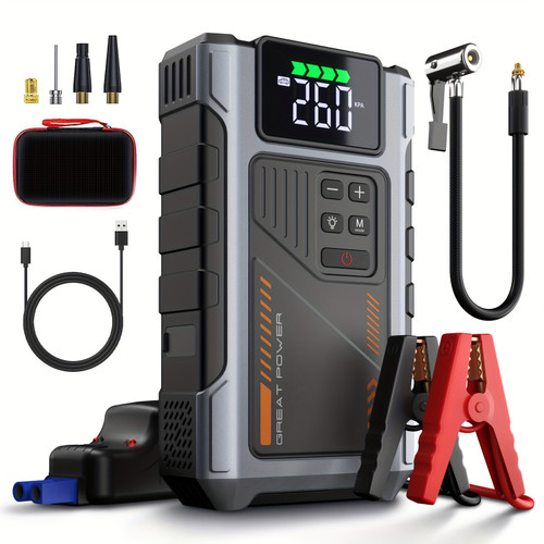 Portable Car Jump Starter With Air Compressor 2500A Peak(2.11gal Gas, 1.72gal Diesel) With 150 PSI Tire Inflator, 12V Car Battery Jump Power With LED Light, W100, 5 In 1 Jump Starter Battery Pack, Battery Charger color Black